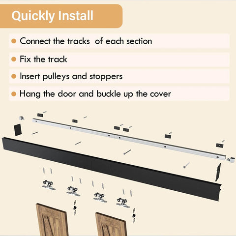 Diagram of 7 Foot Double Sliding Barn Door Hardware Kit With Low Clearance Aluminum Box Rail, showing installation steps