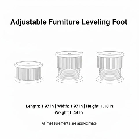 Diagram of sturdy leveling feet for cabinets and appliances with sponge pad base and adjustable height, 4 pack dimensions shown.