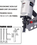 Beefy Framing Nailer 21 Degree Three And One Half Inch Pro Grade With Depth Adjustment And Tool Free Depth Of Drive visible with nail size chart
