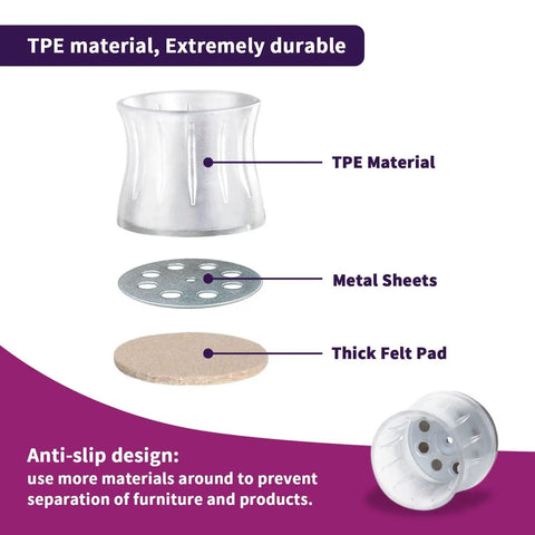 TPE material features, including metal sheets and thick felt pad, showcasing Square Felt Furniture Pads 1 1/4 To 1 3/8 Inch Self Adhesive Floor Protectors 4 Pack.