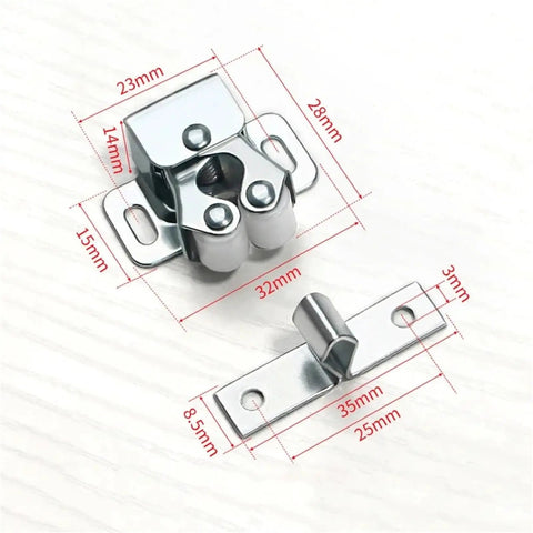 Antique Copper Twin Roller Cabinet Door Catches With Striker And Mounting Screws, 1 Pack shown with detailed measurements.