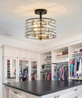 Crystal 3-Light Semi Flush Mount Ceiling Light Fixture With E12 Bases in luxe light gold and matte black in modern closet.