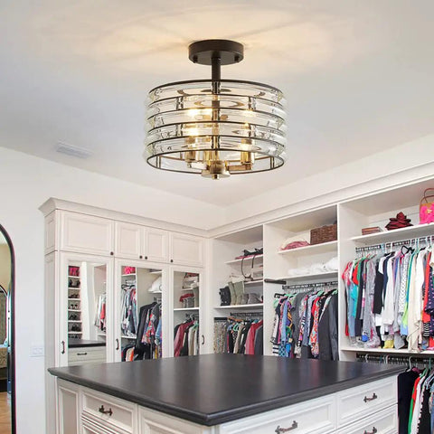 Crystal 3-Light Semi Flush Mount Ceiling Light Fixture With E12 Bases in luxe light gold and matte black in modern closet.