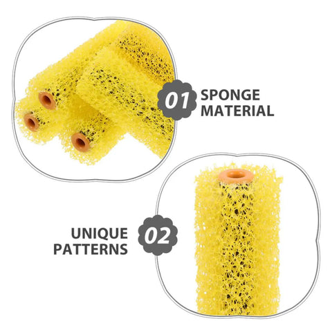 Yellow Sponge Texture Paint Roller For Exterior Walls Game Changer DIY Decorative Embossing Tool Heavy Duty Pattern Finishing Kit Built Tough Vibe Top Shelf Finish showing three foam sleeves highlighting sponge material and unique patterns.