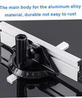 Rock Solid Adjustable Table Saw Miter Gauge With Precision Aluminum Fence And Clear Degree Scale For Dead Nuts Accurate Woodworking Cuts And Rapid Angle Adjustments, showing black aluminum body and clear degree scale.