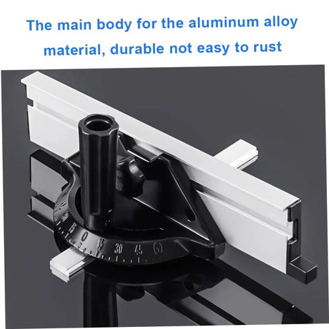 Rock Solid Adjustable Table Saw Miter Gauge With Precision Aluminum Fence And Clear Degree Scale For Dead Nuts Accurate Woodworking Cuts And Rapid Angle Adjustments, showing black aluminum body and clear degree scale.