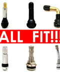 Various metal and rubber tire valve stems above 'ALL FIT' text banner in bold red.