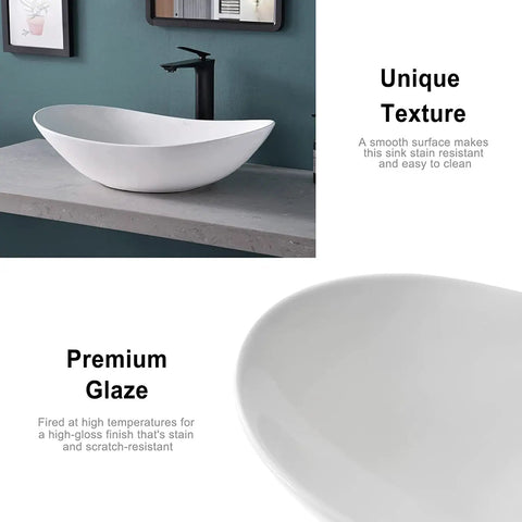 Large Oval Vessel Sink 24 Inch By 13.8 Inch White Ceramic Above Counter Bathroom Sink With Pop Up Drain Modern European Style