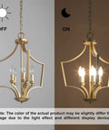 Five Light Gold Pendant Chandelier For Dining Room Living Room Bedroom And Kitchen Island With Modern Style And Vintage Gold Finish Sleek Minimalist Fixture For Entryway And Hall Size W19 H24 Inches showing on and off lights.
