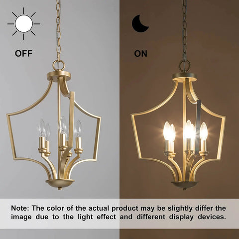Five Light Gold Pendant Chandelier For Dining Room Living Room Bedroom And Kitchen Island With Modern Style And Vintage Gold Finish Sleek Minimalist Fixture For Entryway And Hall Size W19 H24 Inches showing on and off lights.