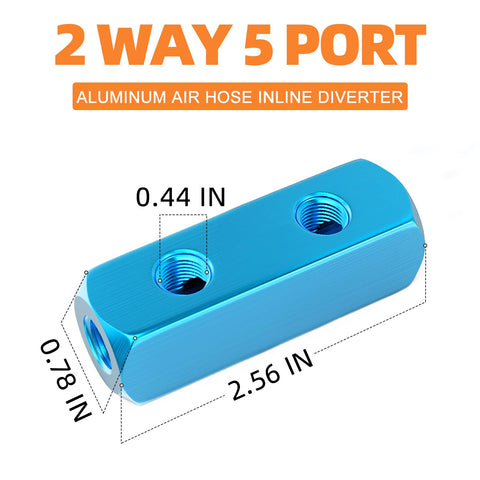Aluminum Air Manifold Five Port Pneumatic Splitter For Air Compressors One Quarter Inch Output And Supply Ports, blue block