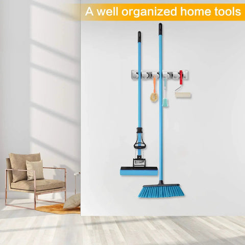 Wall Mounted Mop Broom Holder Organizer Rack With 5 Slots And 6 Hooks For Kitchen Garage Laundry Garden Tools Go To Space Saving Storage Heavy Duty Plastic Includes Screws And Anchors Holds Up To 25 Lbs