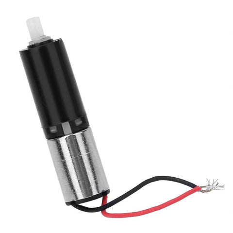 6mm micro DC gear motor with four-stage planetary reducer; black body, silver housing, red and black wires (side view)