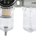 Close-up of Heavy Duty Aluminum Alloy Filter Pressure Regulator Kit with Gauge showing dual clear filter cups.