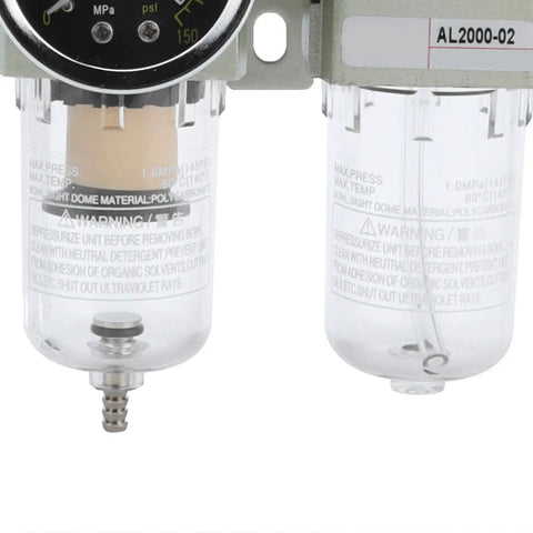 Close-up of Heavy Duty Aluminum Alloy Filter Pressure Regulator Kit with Gauge showing dual clear filter cups.