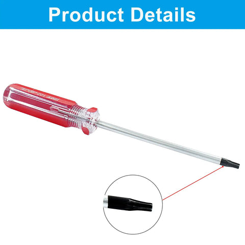 T20 Security Torx Screwdriver With Strong Magnetic Tip 7 Inch Chrome Vanadium Build Red Grip shown with detailed tip view.