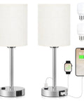 Set Of 2 Bedside Lamps With 3 Way Dimming USB C And USB A Ports And Outlets Modern Nightstand Lamps With Linen Shade And Silver Base
