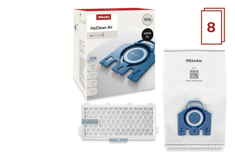 HyClean GN Air Vacuum Bags For Complete C2 And C3 Canisters, Allergy XL Pack with box, HEPA filter, and blue bag shown