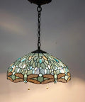 Tiffany Style Sea Blue Stained Glass Dragonfly Pendant Light, 16 Inch Wide, Antique Bronze Fixture, S147 Series
