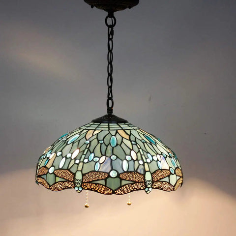 Tiffany Style Sea Blue Stained Glass Dragonfly Pendant Light, 16 Inch Wide, Antique Bronze Fixture, S147 Series