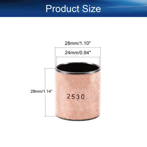 6 Piece Heavy Duty Bronze Sintered Sleeve Bearings 25mm Bore 28mm OD 30mm Length Oilless Bushings For Machines showcasing size dimensions.