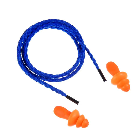 Orange silicone ear plugs with blue cord from Corded Sleep Ear Plugs Set With Flexible Cord, 20 Pairs Reusable Silicone Ear Plugs