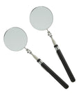 Pair of telescopic inspection mirrors with 85mm round heads and extendable rods for vehicle and small parts checking.