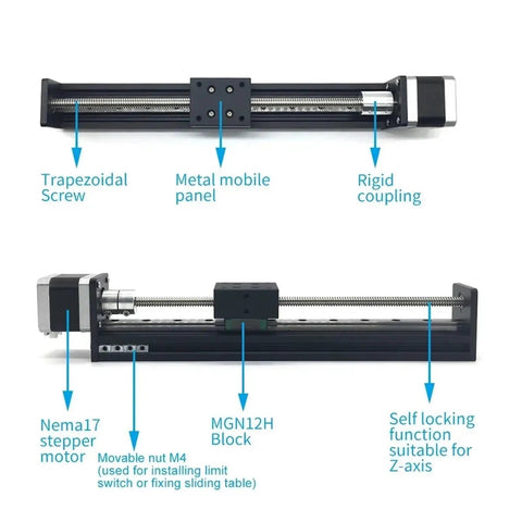 Rock Solid Linear Rail Stage With Nema 17 Motor Drive Kit For Sliding Table And CNC XYZ Axis Router 150mm Stroke, side view