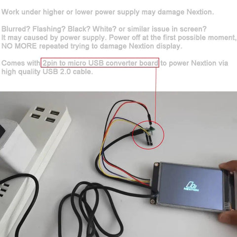 Nextion Enhanced 2.4 Inch HMI Display With Resistive Touch Screen 5V TFT LCD 320x240 For Arduino ESP32 Projects Plug And Play UI Module For Makers And Hobbyists NX3224K024, powered by 2-pin to micro USB converter board