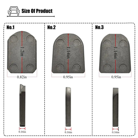 Three sizes of Universal Rear View Mirror Bracket Kit 3 Pcs Easy Install Mounting Base with measurements, durable metal, front and side views.