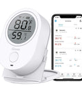 Smart WiFi Thermometer Hygrometer With LCD Display App Alerts And Remote Home Monitoring For Indoor Humidity And Temperature Sensor That Works With 2.4GHz WiFi And Bluetooth, white desktop unit and phone app