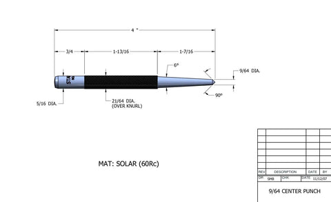Technical drawing of Pro Grade Steel Center Punch with Round Shank and Knurled Grip, 4 inch length, 1/8 inch diameter, tapered point, Model 117C.