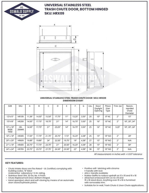 Stainless Steel Trash Chute Door With Bottom Hinged Design, Easy Install, 15W By 18H Inches, technical drawing with dimensions.