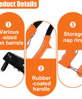 Details of Rivet Gun Kit With Four Heads And 100 Rivets for Metal Plastic and Leather showing gun barrels, handle, and storage ring