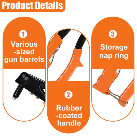 Details of Rivet Gun Kit With Four Heads And 100 Rivets for Metal Plastic and Leather showing gun barrels, handle, and storage ring
