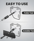 Harley Evolution camshaft bearing installer and puller tool set; two-panel diagram showing puller and installer components