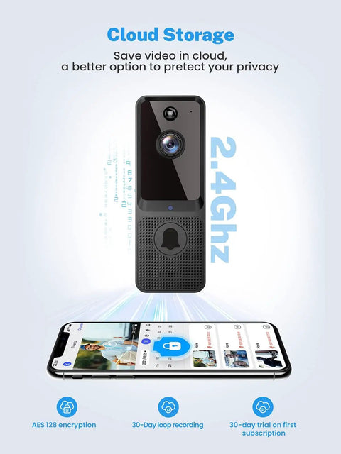 Wireless Doorbell Camera With Two Way Audio And Night Vision For Indoor Outdoor Use with smartphone display and cloud storage