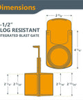 2-1/2 Inch Integrated Blast Gate Fitting dimensions diagram, showing clog resistant design and tapered ABS plastic for dust collection systems.