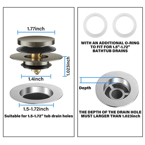 Universal Bathtub Drain Stopper Fits 1.5 To 1.72 Regular Drains Adjustable Rubber Plug dimensions and install details