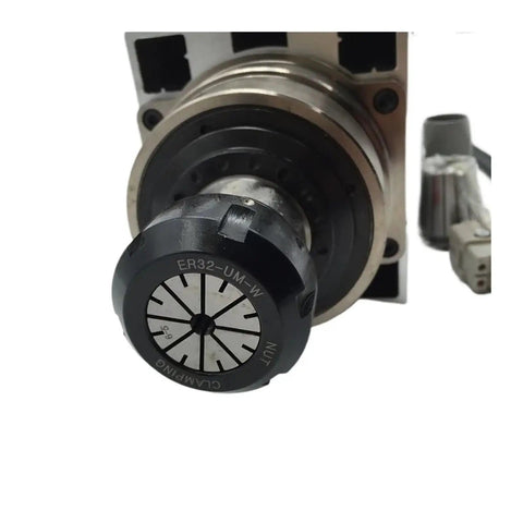 Heavy Hitter 8HP 220V Square Spindle Motor air cooled design showing ER32 chuck for CNC cutting setup.