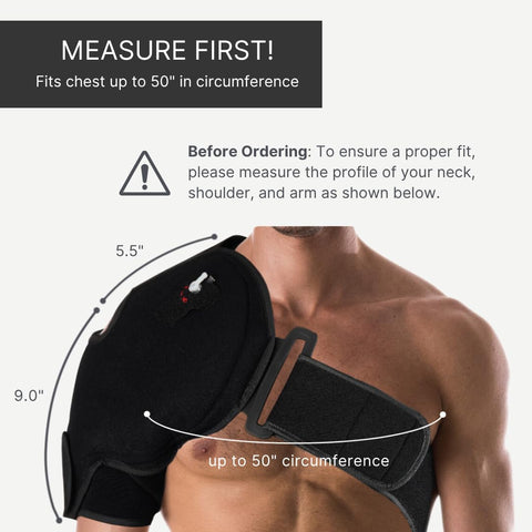 Hot Or Cold Therapy Shoulder Ice Pack Wrap That Hooks You Up With Pain Relief Fast For Rotator Cuff Injuries Surgery And Recovery From Gym Baseball Or Pitching Sessions illustration showing fit and dimensions