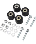 Upgrade Your Ride With This Heavy Duty YFZ350 And Banshee Chain Roller Kit Featuring Tough Iron Bearings For Smooth Shifting And Extended Drive Life On 1987 To 2006 Models Plus Reliable Performance. four black chain rollers with bolts, washers, and nuts