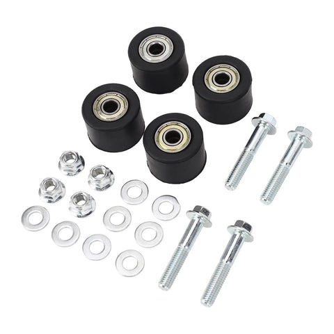 Upgrade Your Ride With This Heavy Duty YFZ350 And Banshee Chain Roller Kit Featuring Tough Iron Bearings For Smooth Shifting And Extended Drive Life On 1987 To 2006 Models Plus Reliable Performance. four black chain rollers with bolts, washers, and nuts