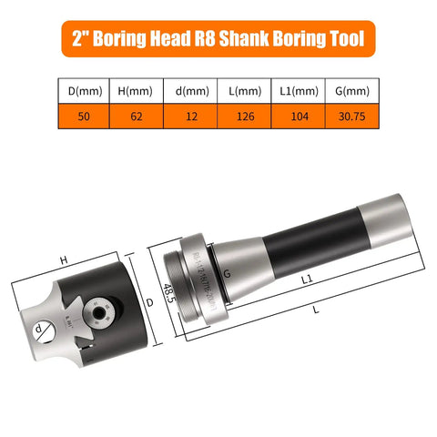 Nine Piece Two Inch Boring Head R8 Shank Tool Set With Half Inch Boring Bar For Machining Centers, Boring Mills, And Milling Machines