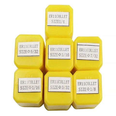 ER11 Spring Collet Set for CNC Milling and Engraving 1 16th Inch to 1 Quarter Inch Carbon Steel 7 Pack, labeled sizes on boxes
