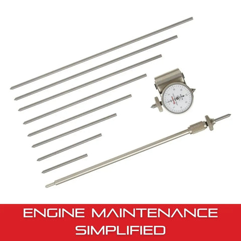 Crankshaft Distortion Dial Gauge With Balancing Attachment, White Face, Range 2.375 to 18 Inches, components displayed