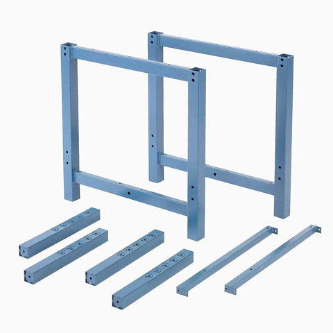 Rock Solid Heavy Duty Industrial Workbench Frame Base Adjustable Height Steel Shop Station With Leveling Glides No Sweat Easy Assembly Blue Pro Grade components, including steel legs and support bars.
