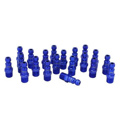 Box of twenty Blue T Style Pneumatic Plugs Quarter Inch NPT Male, A Style Compatible Color Coded Quick Connects For Air Lines