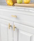 Brushed Gold Cabinet Knobs 10 Pack Single Hole 2 Inch Solid Zinc Alloy Cupboard Drawer Knobs installed on white kitchen cabinets