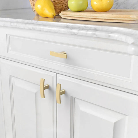 Brushed Gold Cabinet Knobs 10 Pack Single Hole 2 Inch Solid Zinc Alloy Cupboard Drawer Knobs installed on white kitchen cabinets